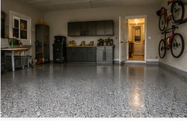 Residential garage with gray slate flake epoxy floor