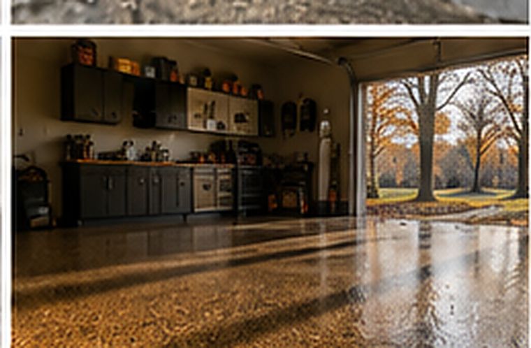 Garage with copper flake epoxy floor in autumn light